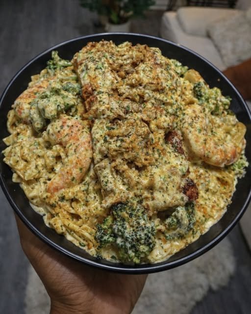 Creamy Shrimp, Chicken, and Broccoli Pasta