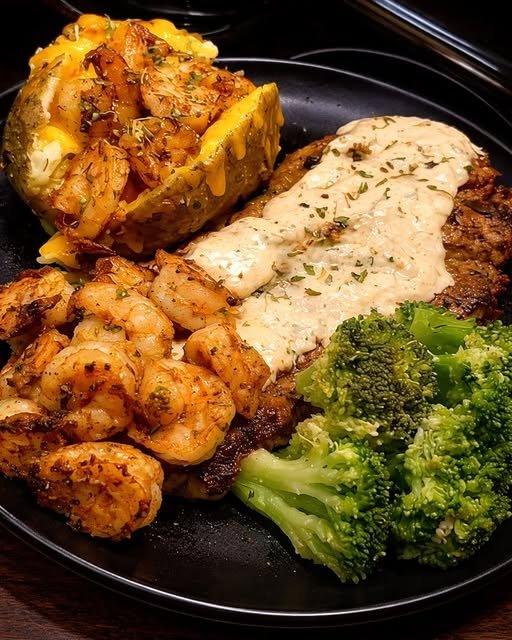 Juicy steak shrimp and loaded potato with fresh broccoli delight